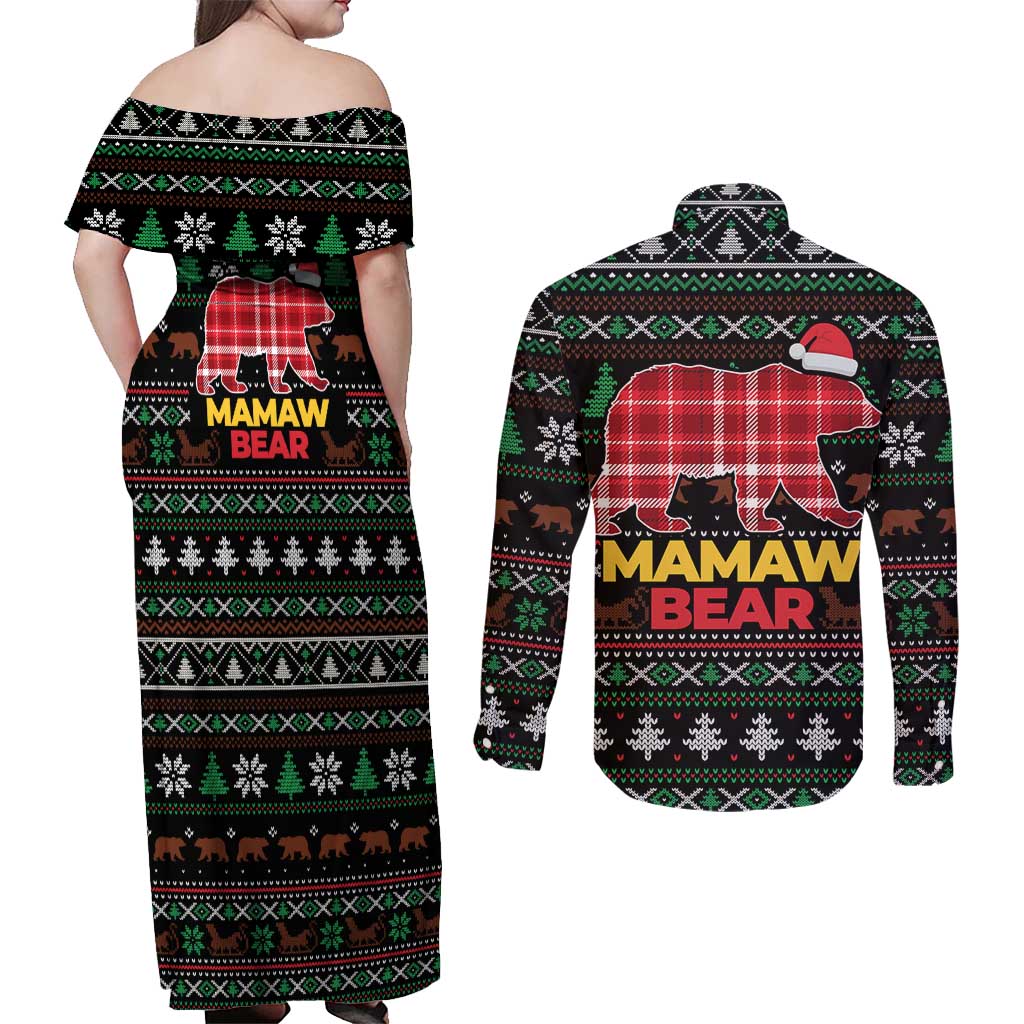 Mamaw Bear Christmas Couples Matching Off Shoulder Maxi Dress and Long Sleeve Button Shirt Xmas Holiday Patterns - Wonder Print Shop
