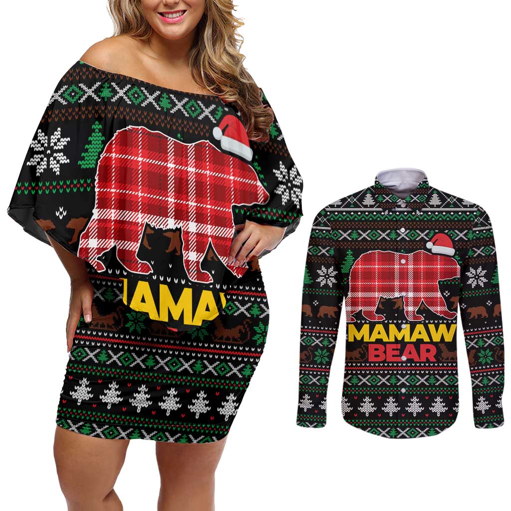 Mamaw Bear Christmas Couples Matching Off Shoulder Short Dress and Long Sleeve Button Shirt Xmas Holiday Patterns - Wonder Print Shop
