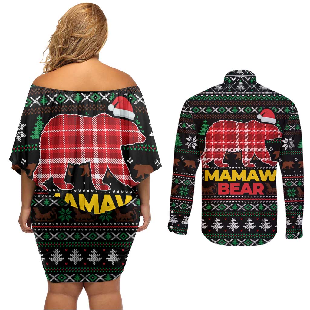 Mamaw Bear Christmas Couples Matching Off Shoulder Short Dress and Long Sleeve Button Shirt Xmas Holiday Patterns - Wonder Print Shop