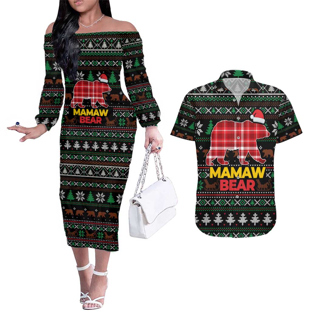 Mamaw Bear Christmas Couples Matching Off The Shoulder Long Sleeve Dress and Hawaiian Shirt Xmas Holiday Patterns - Wonder Print Shop