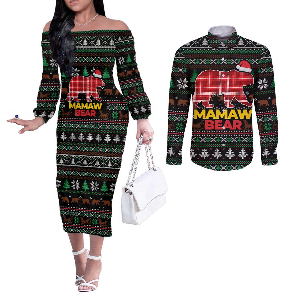 Mamaw Bear Christmas Couples Matching Off The Shoulder Long Sleeve Dress and Long Sleeve Button Shirt Xmas Holiday Patterns - Wonder Print Shop