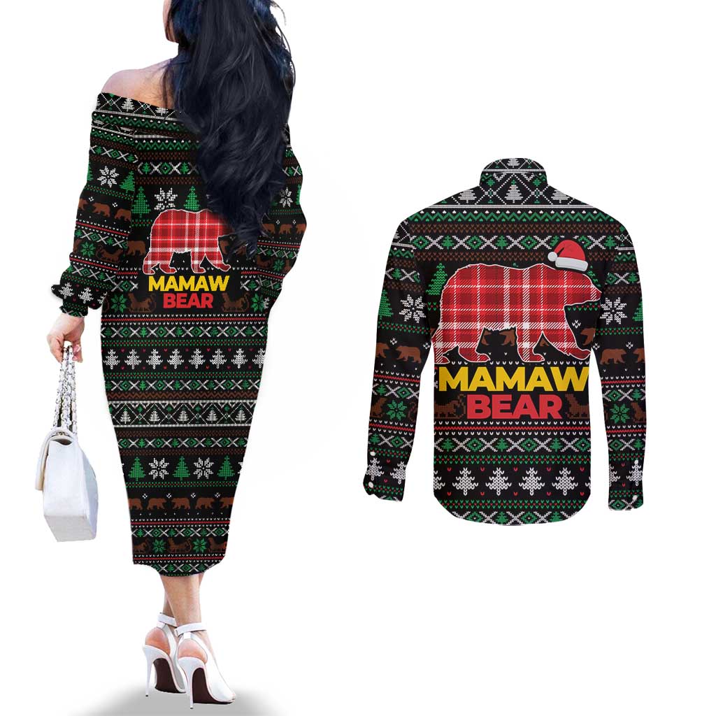 Mamaw Bear Christmas Couples Matching Off The Shoulder Long Sleeve Dress and Long Sleeve Button Shirt Xmas Holiday Patterns - Wonder Print Shop