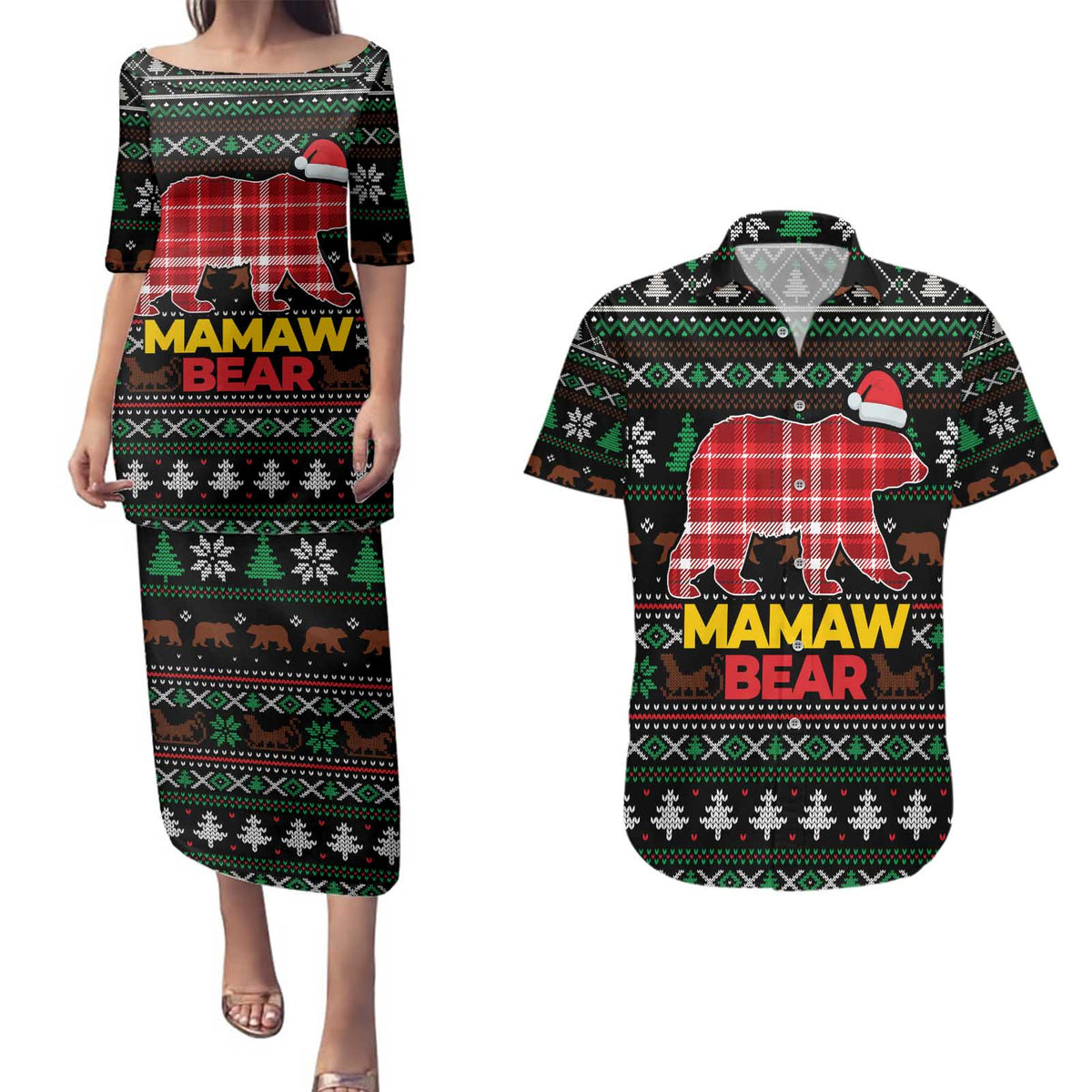 Mamaw Bear Christmas Couples Matching Puletasi and Hawaiian Shirt Xmas Holiday Patterns - Wonder Print Shop