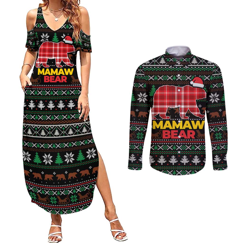 Mamaw Bear Christmas Couples Matching Summer Maxi Dress and Long Sleeve Button Shirt Xmas Holiday Patterns - Wonder Print Shop