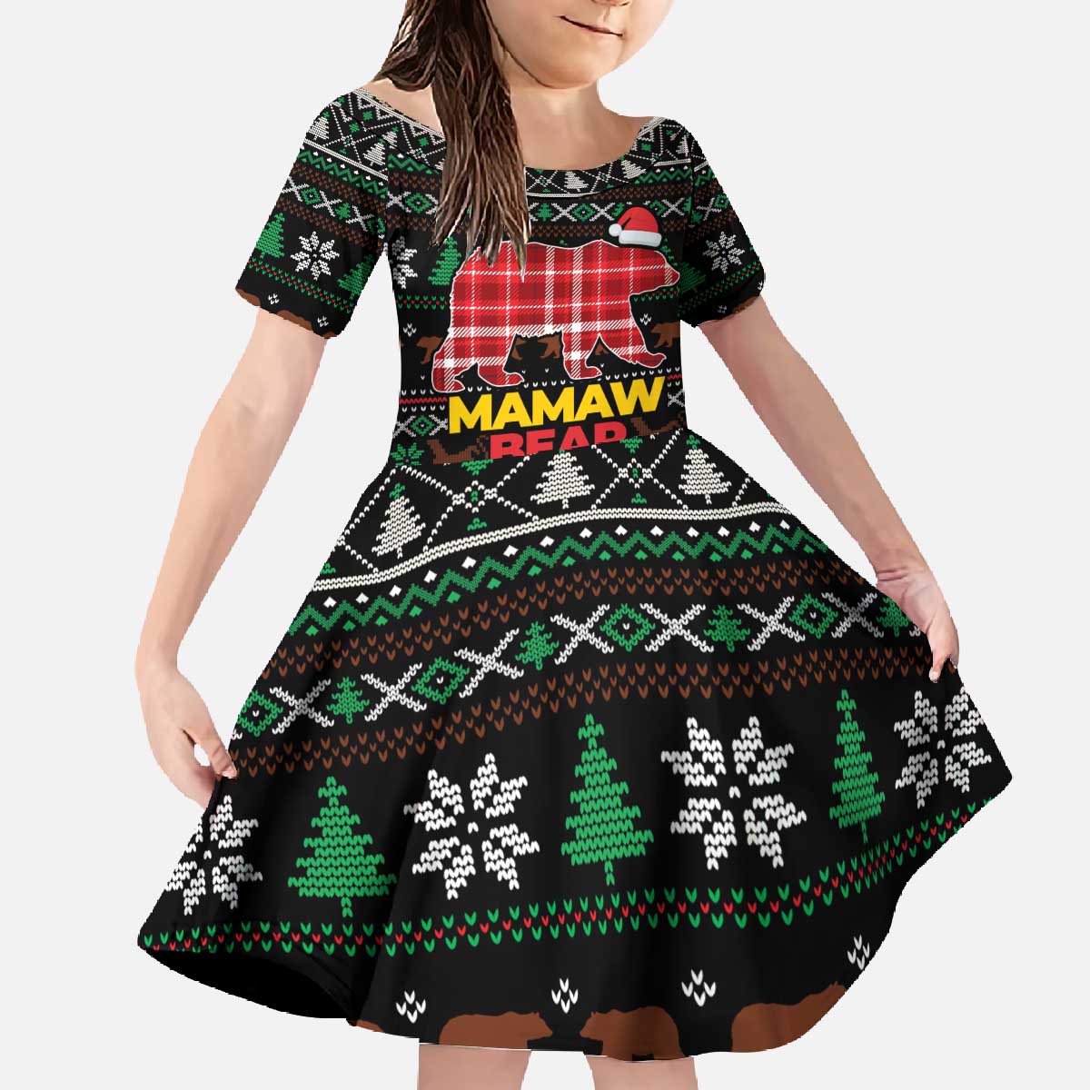 Mamaw Bear Christmas Family Matching Off The Shoulder Long Sleeve Dress and Hawaiian Shirt Xmas Holiday Patterns - Wonder Print Shop