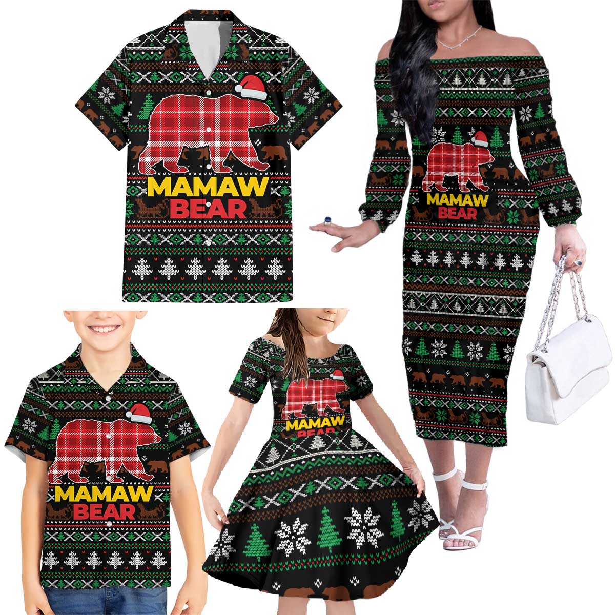 Mamaw Bear Christmas Family Matching Off The Shoulder Long Sleeve Dress and Hawaiian Shirt Xmas Holiday Patterns - Wonder Print Shop