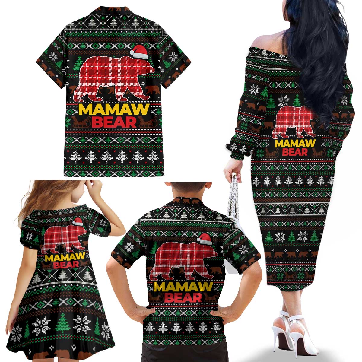 Mamaw Bear Christmas Family Matching Off The Shoulder Long Sleeve Dress and Hawaiian Shirt Xmas Holiday Patterns - Wonder Print Shop