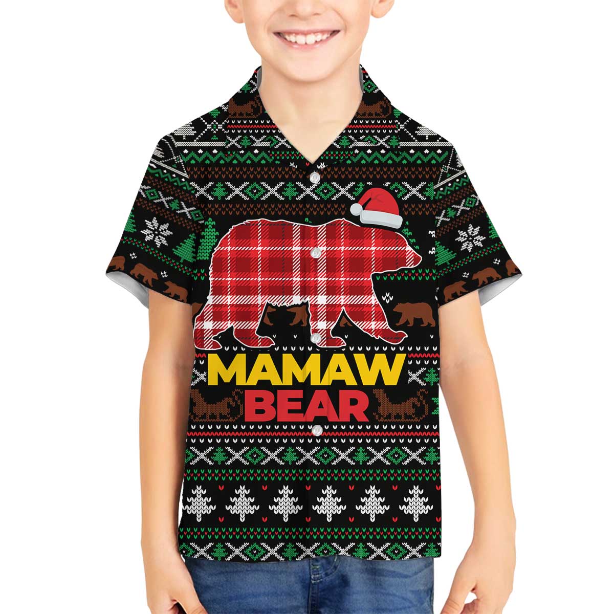 Mamaw Bear Christmas Family Matching Off The Shoulder Long Sleeve Dress and Hawaiian Shirt Xmas Holiday Patterns - Wonder Print Shop