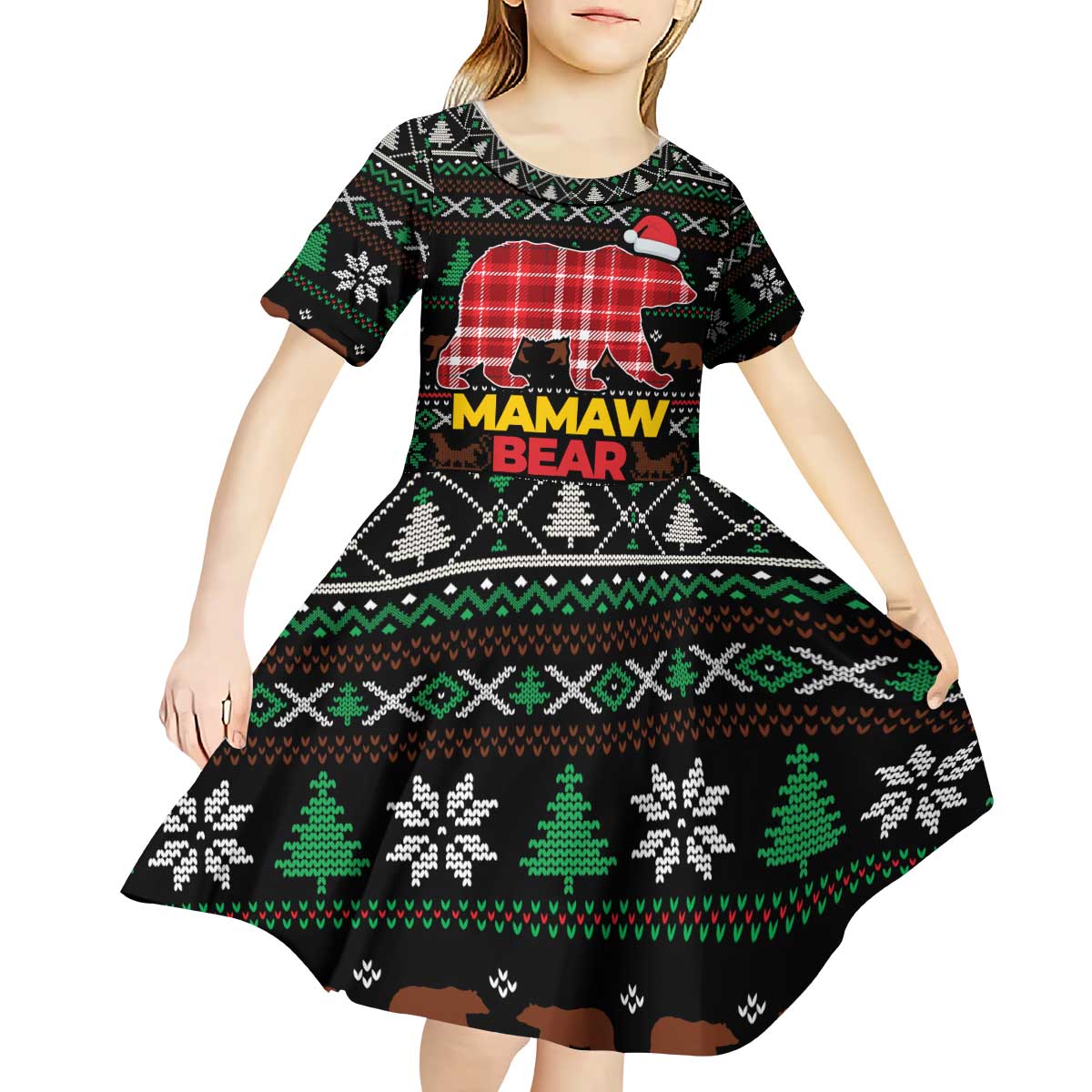 Mamaw Bear Christmas Kid Short Sleeve Dress Xmas Holiday Patterns - Wonder Print Shop