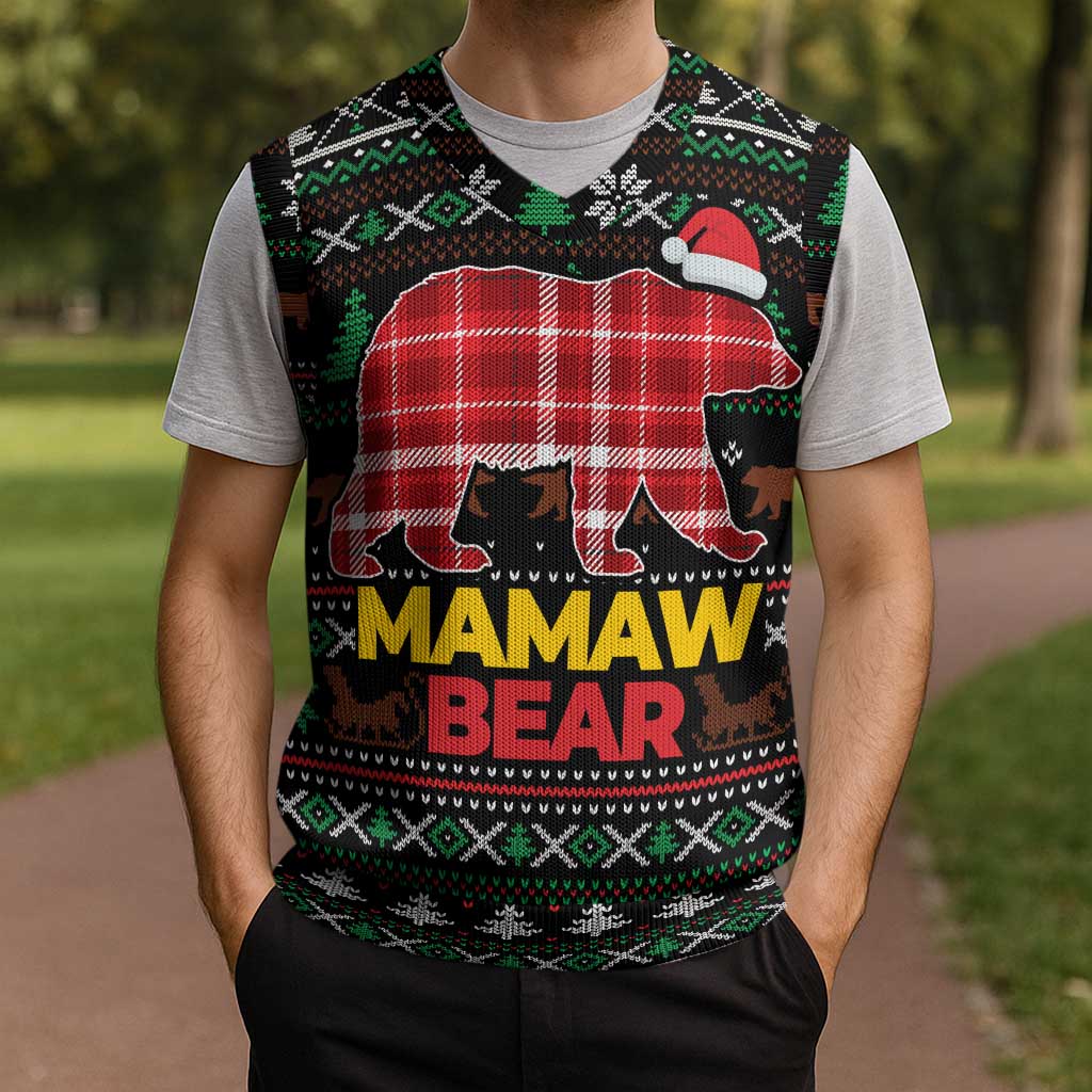 Mamaw Bear Christmas Knitted V-Neck Vest Xmas Holiday Patterns - Wonder Print Shop