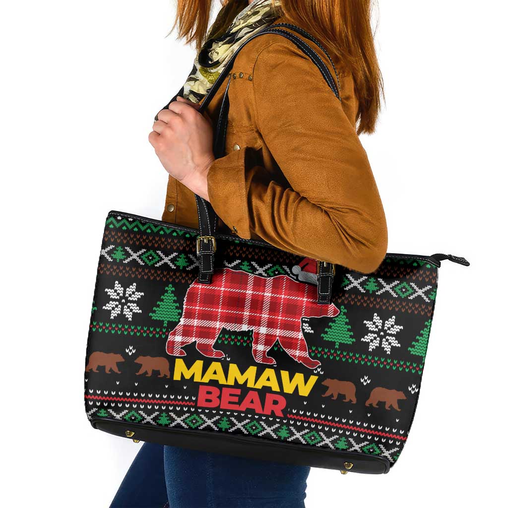 Mamaw Bear Christmas Leather Tote Bag Xmas Holiday Patterns - Wonder Print Shop