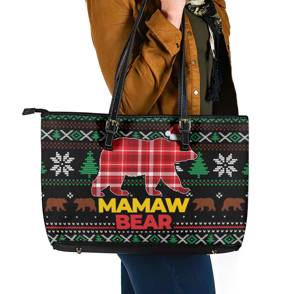 Mamaw Bear Christmas Leather Tote Bag Xmas Holiday Patterns - Wonder Print Shop