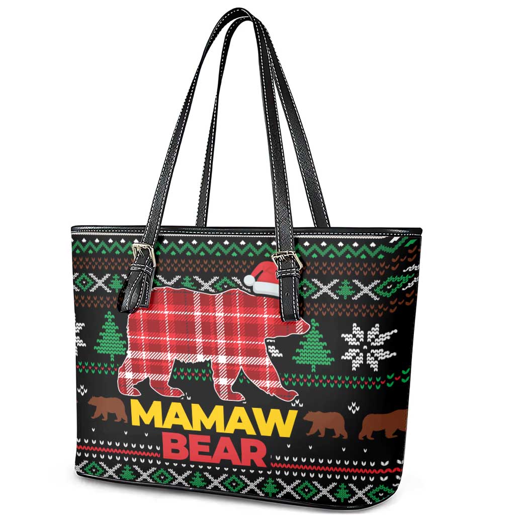 Mamaw Bear Christmas Leather Tote Bag Xmas Holiday Patterns - Wonder Print Shop