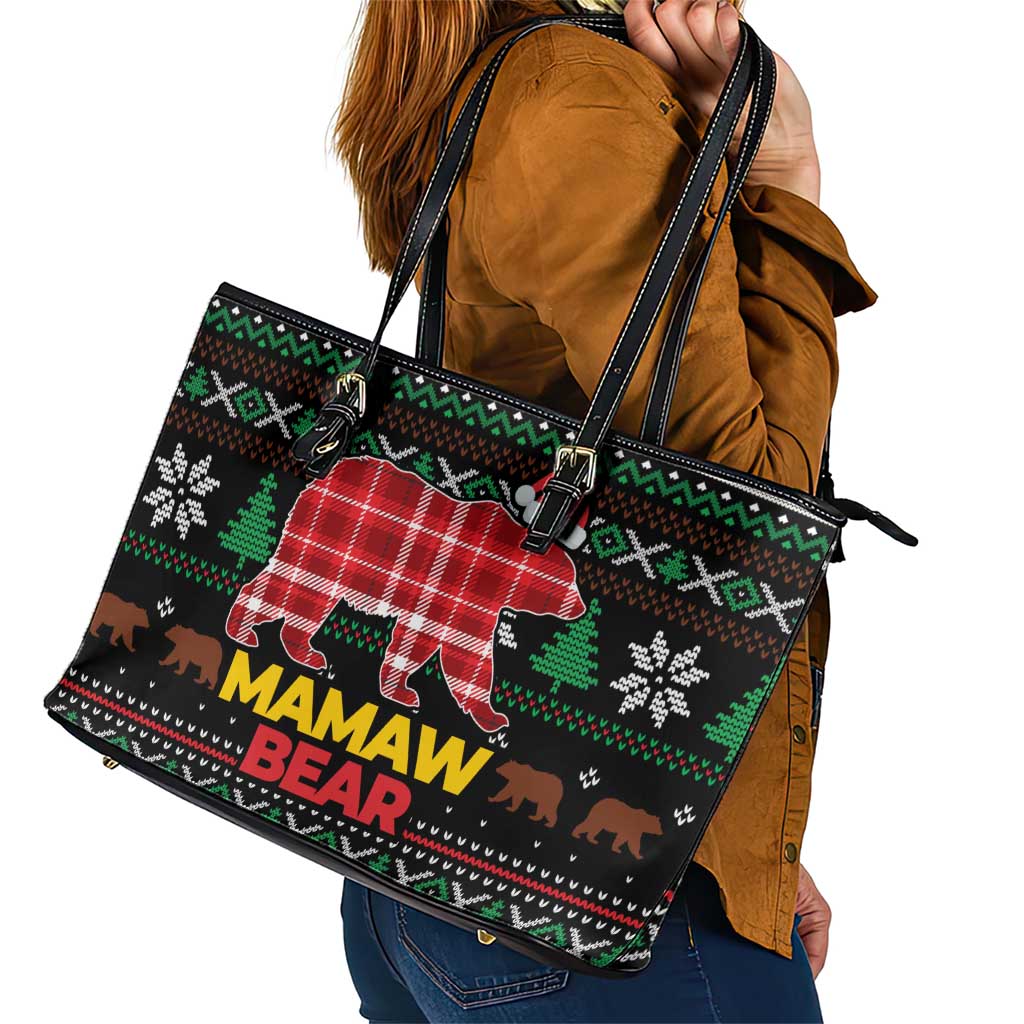 Mamaw Bear Christmas Leather Tote Bag Xmas Holiday Patterns - Wonder Print Shop