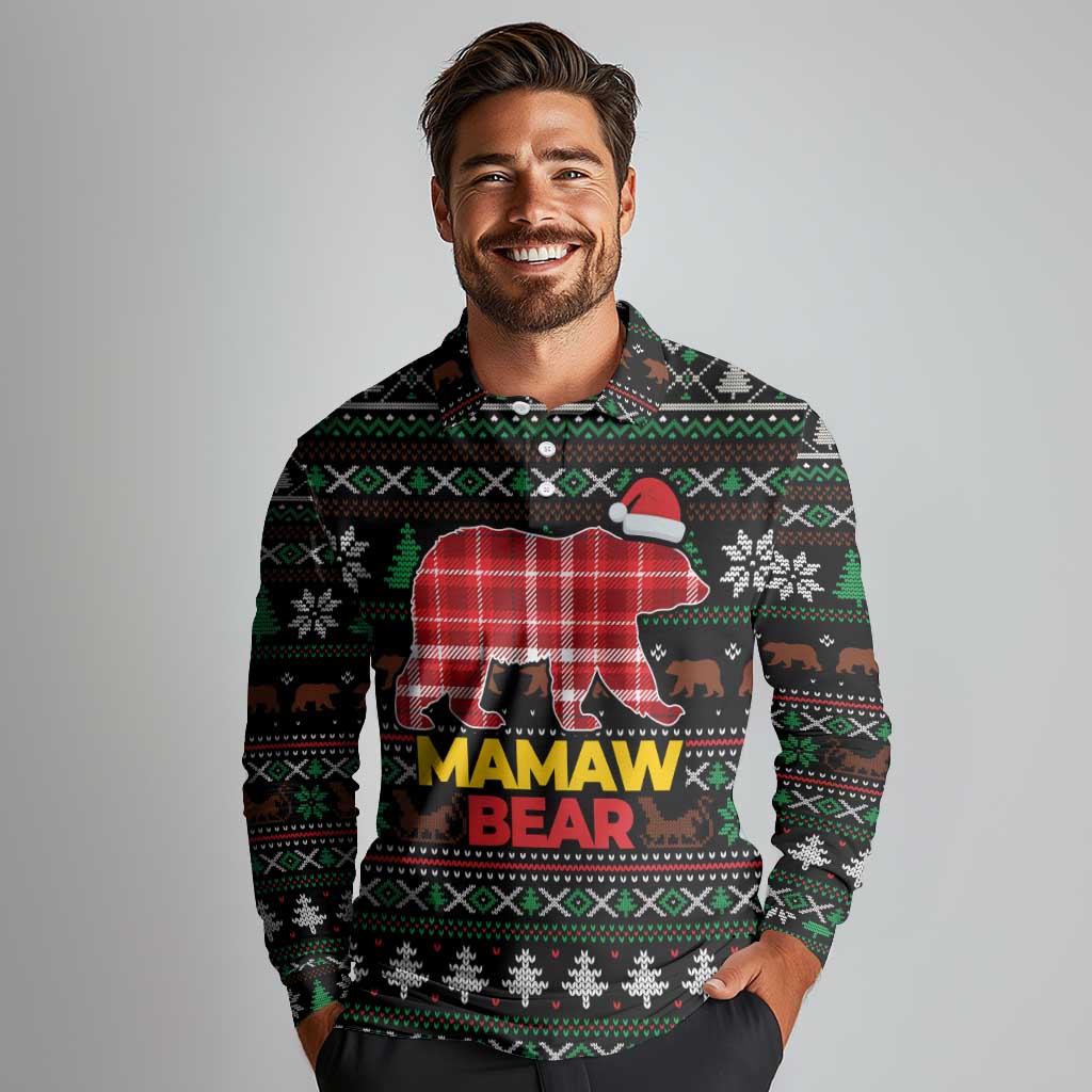 Mamaw Bear Christmas Long Sleeve Polo Shirt Xmas Holiday Patterns - Wonder Print Shop