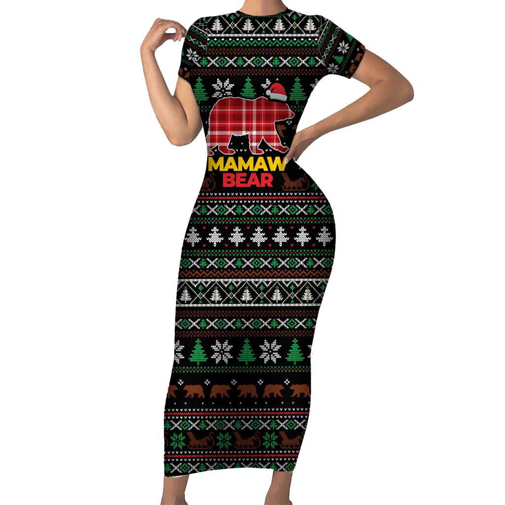 Mamaw Bear Christmas Short Sleeve Bodycon Dress Xmas Holiday Patterns - Wonder Print Shop
