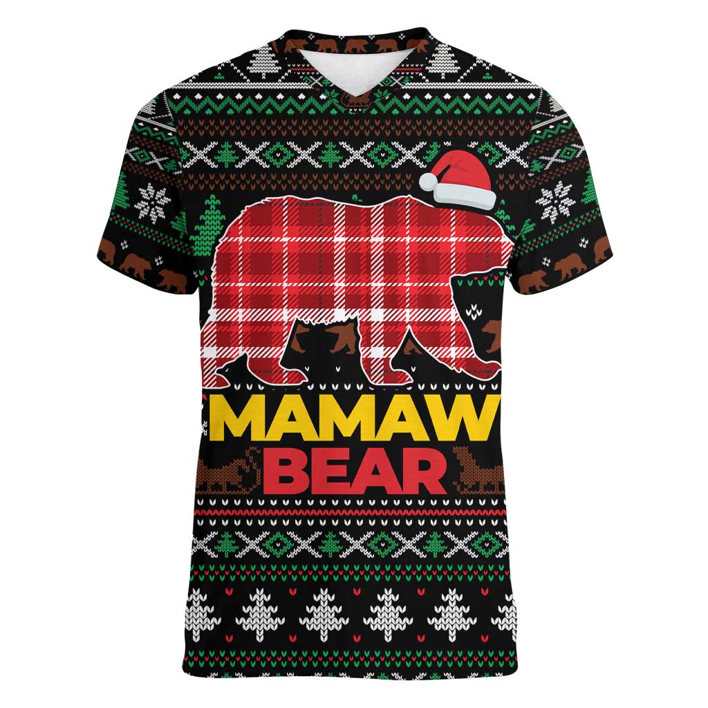 Mamaw Bear Christmas Women V-Neck T-Shirt Xmas Holiday Patterns - Wonder Print Shop