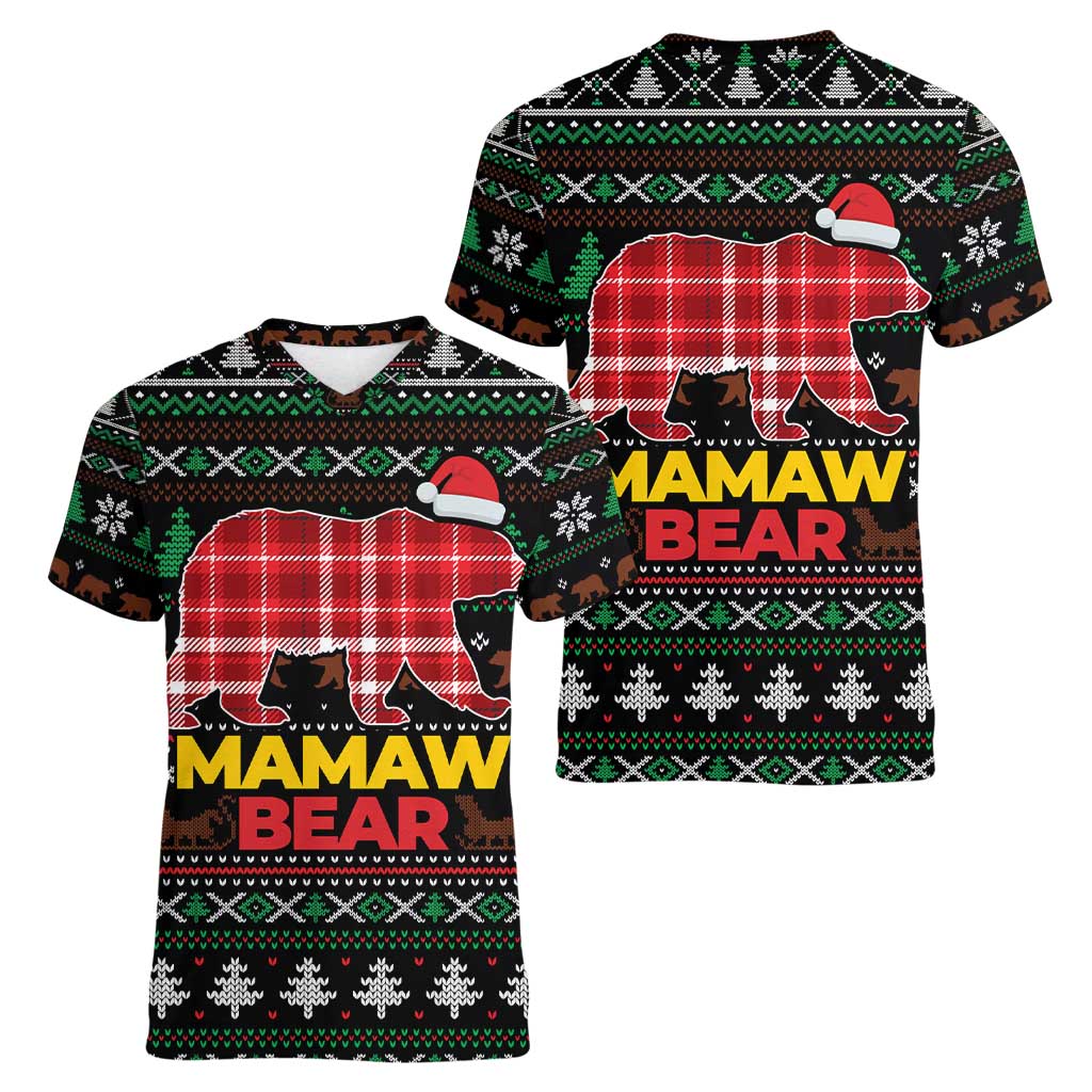 Mamaw Bear Christmas Women V-Neck T-Shirt Xmas Holiday Patterns - Wonder Print Shop