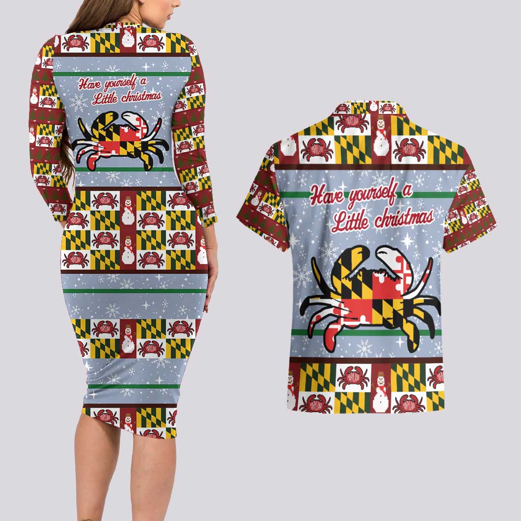 Maryland Symbols Christmas Couples Matching Long Sleeve Bodycon Dress and Hawaiian Shirt Xmas Holiday Patterns - Wonder Print Shop