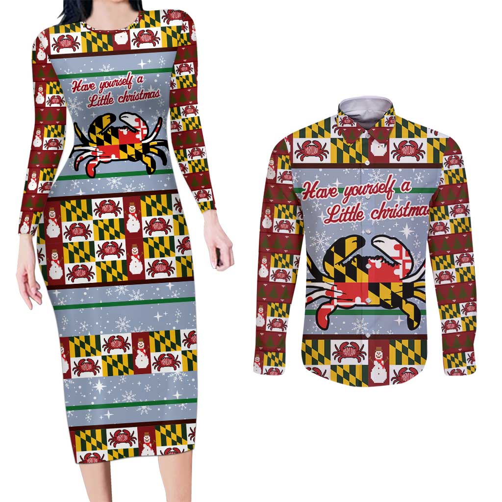 Maryland Symbols Christmas Couples Matching Long Sleeve Bodycon Dress and Long Sleeve Button Shirt Xmas Holiday Patterns - Wonder Print Shop