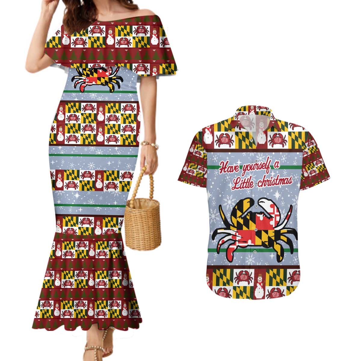 Maryland Symbols Christmas Couples Matching Mermaid Dress and Hawaiian Shirt Xmas Holiday Patterns - Wonder Print Shop