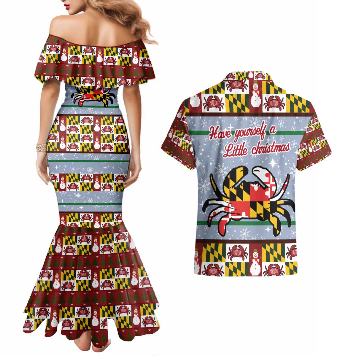 Maryland Symbols Christmas Couples Matching Mermaid Dress and Hawaiian Shirt Xmas Holiday Patterns - Wonder Print Shop