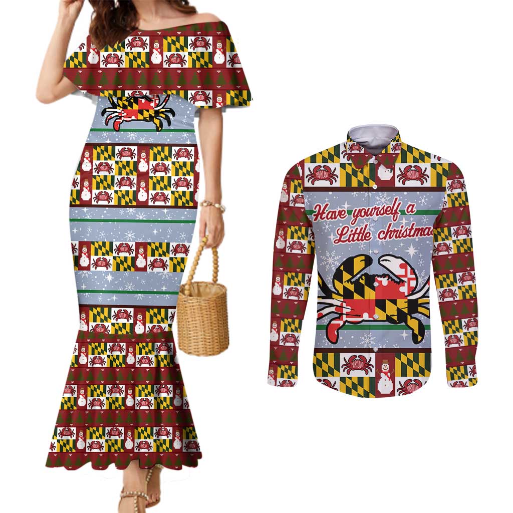 Maryland Symbols Christmas Couples Matching Mermaid Dress and Long Sleeve Button Shirt Xmas Holiday Patterns - Wonder Print Shop