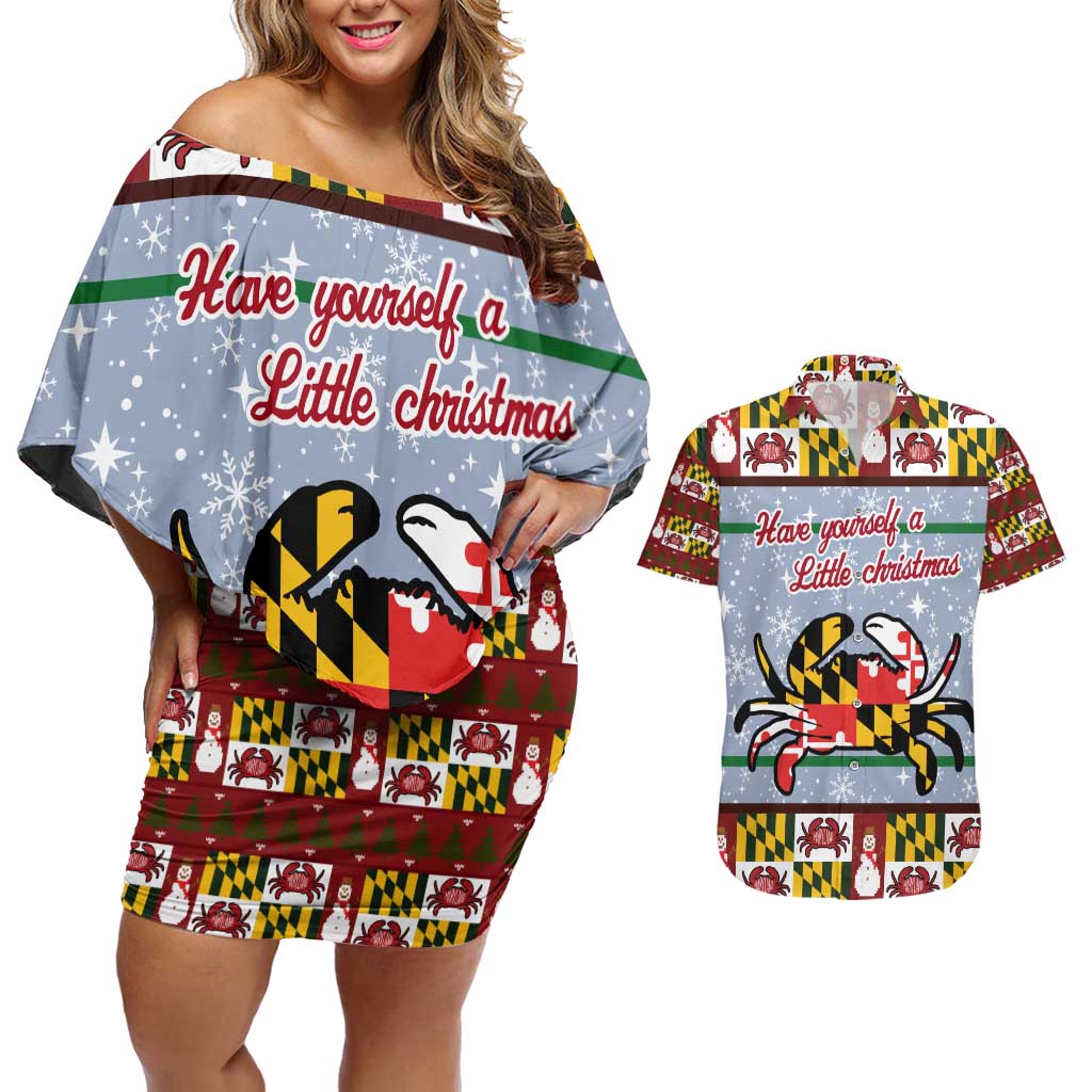 Maryland Symbols Christmas Couples Matching Off Shoulder Short Dress and Hawaiian Shirt Xmas Holiday Patterns - Wonder Print Shop