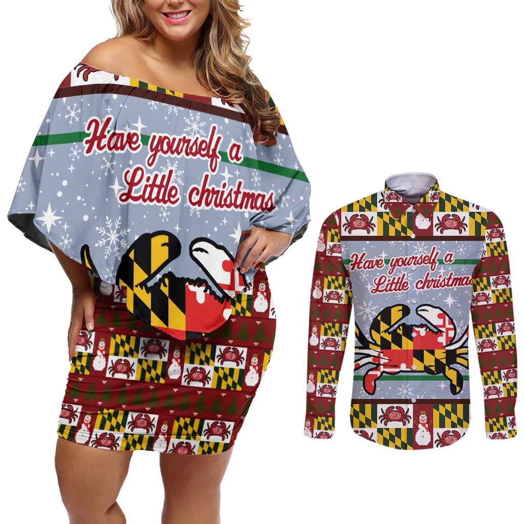 Maryland Symbols Christmas Couples Matching Off Shoulder Short Dress and Long Sleeve Button Shirt Xmas Holiday Patterns - Wonder Print Shop