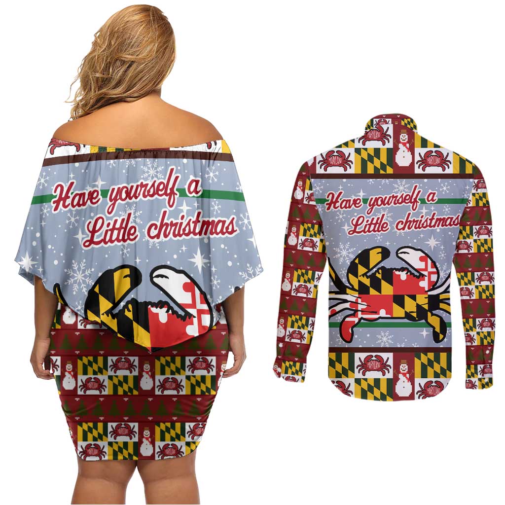 Maryland Symbols Christmas Couples Matching Off Shoulder Short Dress and Long Sleeve Button Shirt Xmas Holiday Patterns - Wonder Print Shop