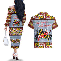 Maryland Symbols Christmas Couples Matching Off The Shoulder Long Sleeve Dress and Hawaiian Shirt Xmas Holiday Patterns - Wonder Print Shop