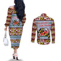 Maryland Symbols Christmas Couples Matching Off The Shoulder Long Sleeve Dress and Long Sleeve Button Shirt Xmas Holiday Patterns - Wonder Print Shop