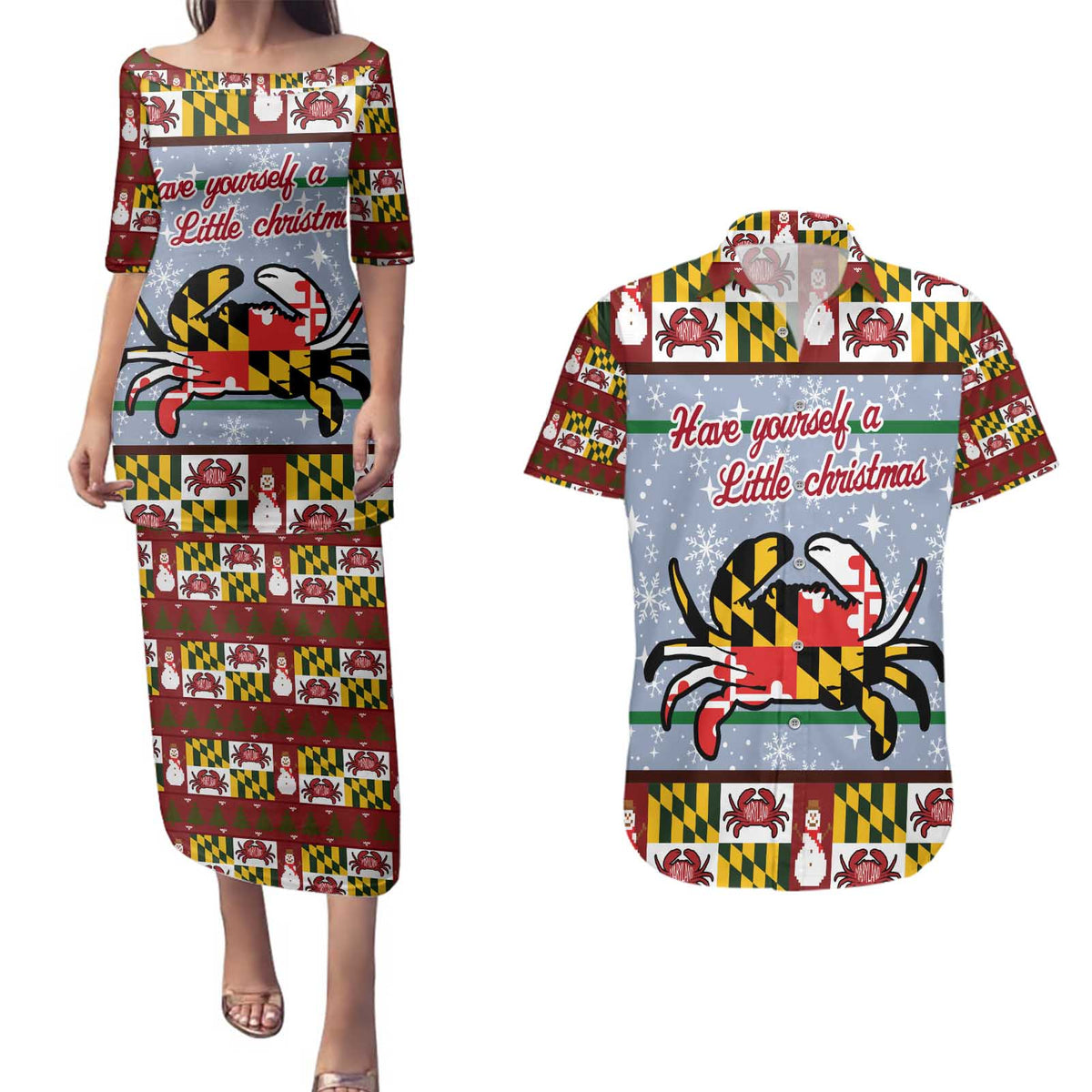 Maryland Symbols Christmas Couples Matching Puletasi and Hawaiian Shirt Xmas Holiday Patterns - Wonder Print Shop