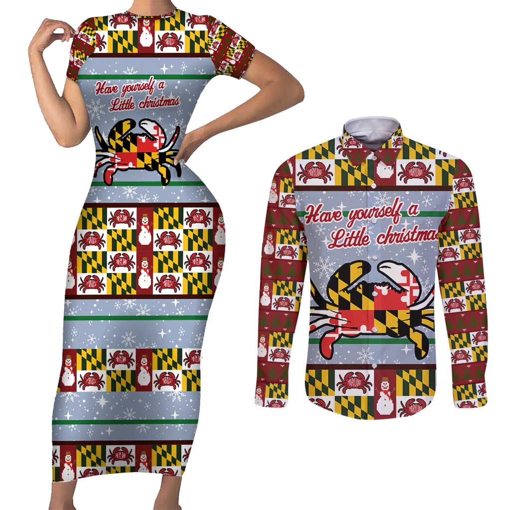 Maryland Symbols Christmas Couples Matching Short Sleeve Bodycon Dress and Long Sleeve Button Shirt Xmas Holiday Patterns - Wonder Print Shop