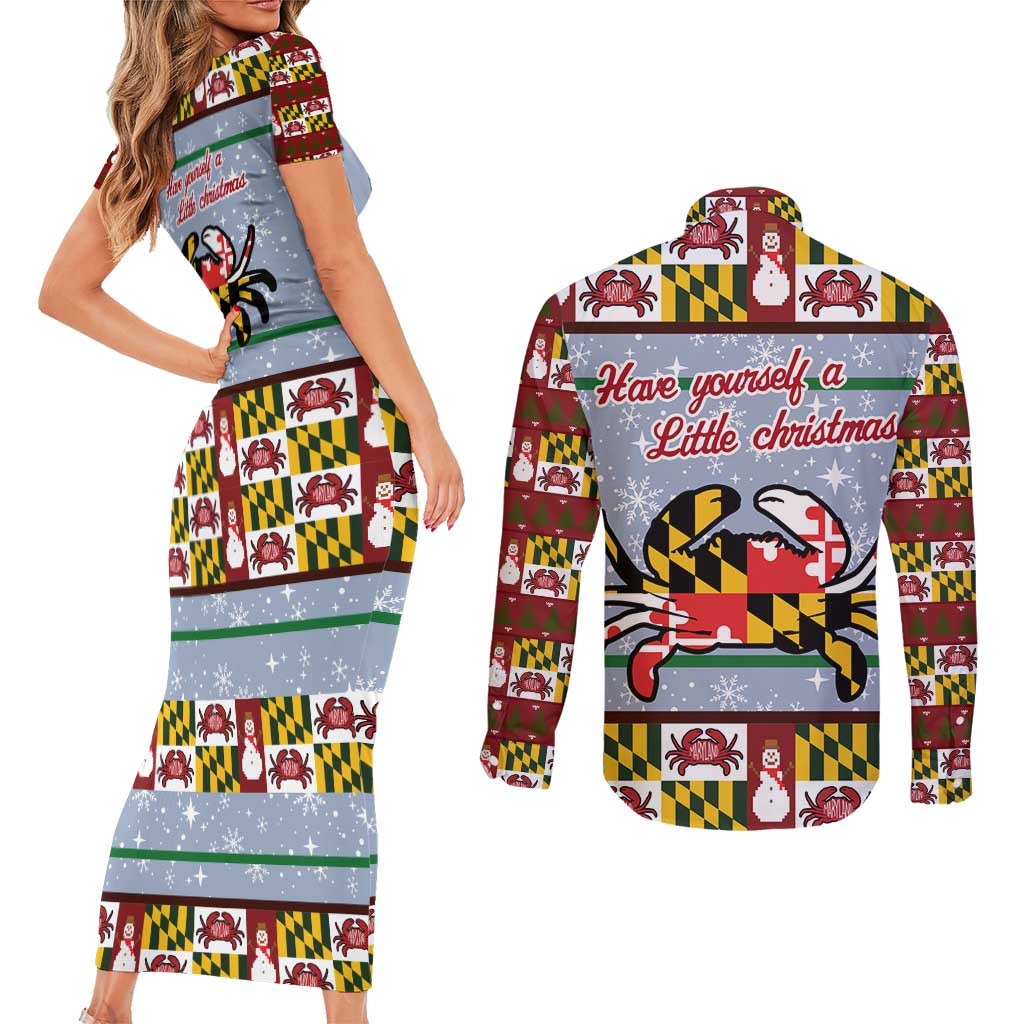 Maryland Symbols Christmas Couples Matching Short Sleeve Bodycon Dress and Long Sleeve Button Shirt Xmas Holiday Patterns - Wonder Print Shop