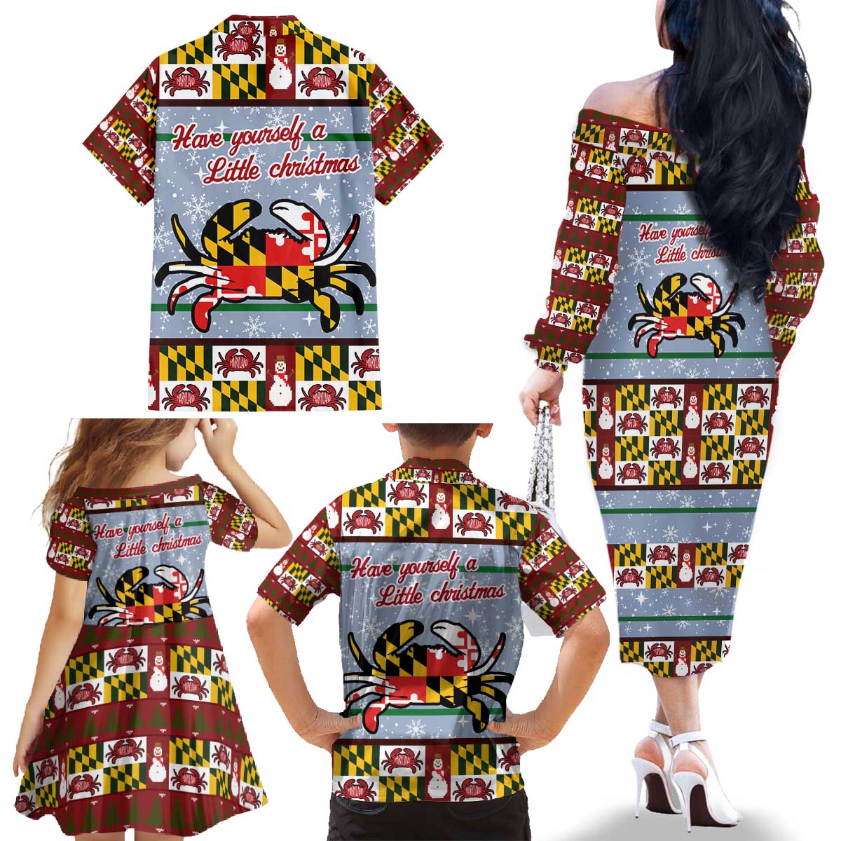 Maryland Symbols Christmas Family Matching Off The Shoulder Long Sleeve Dress and Hawaiian Shirt Xmas Holiday Patterns - Wonder Print Shop