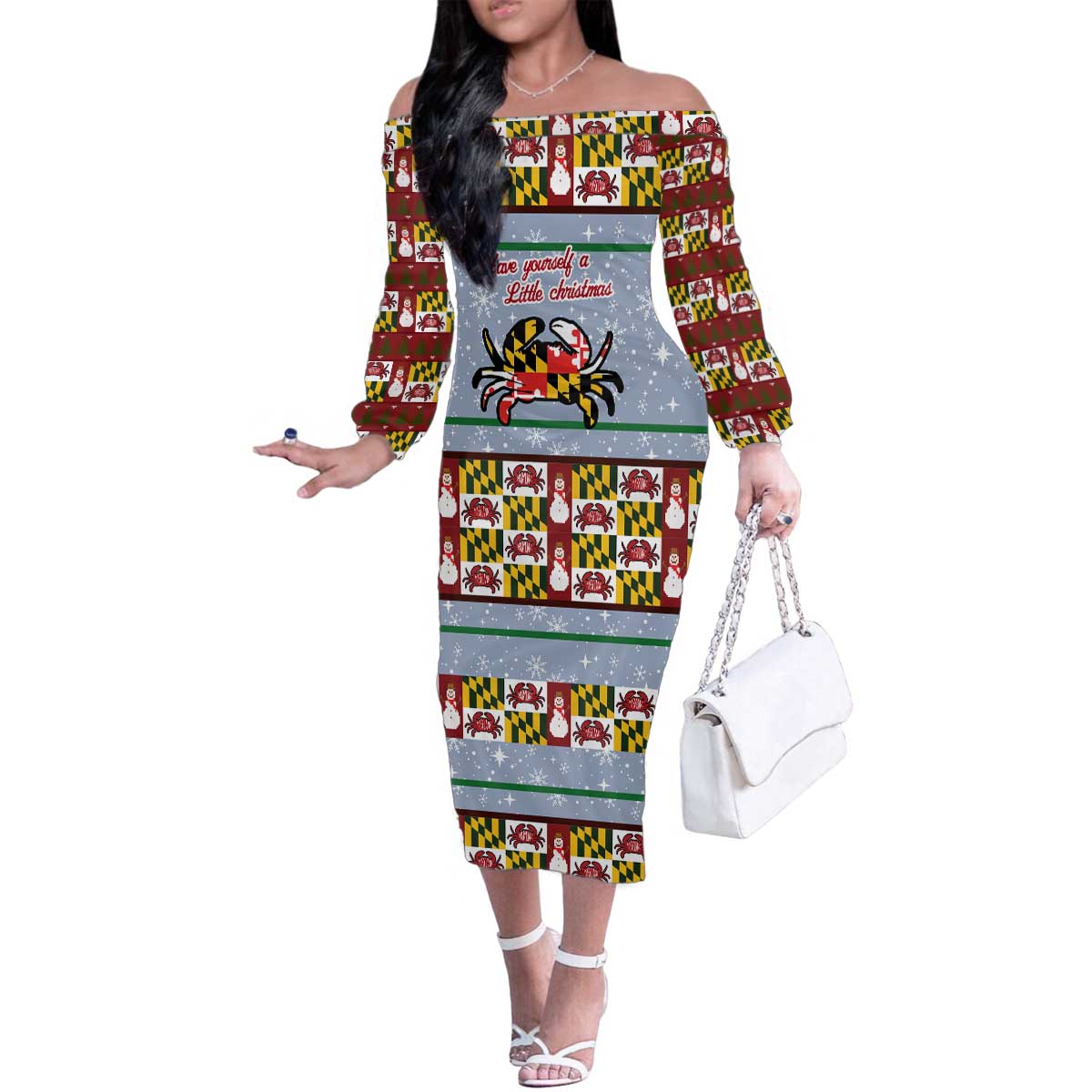 Maryland Symbols Christmas Family Matching Off The Shoulder Long Sleeve Dress and Hawaiian Shirt Xmas Holiday Patterns - Wonder Print Shop