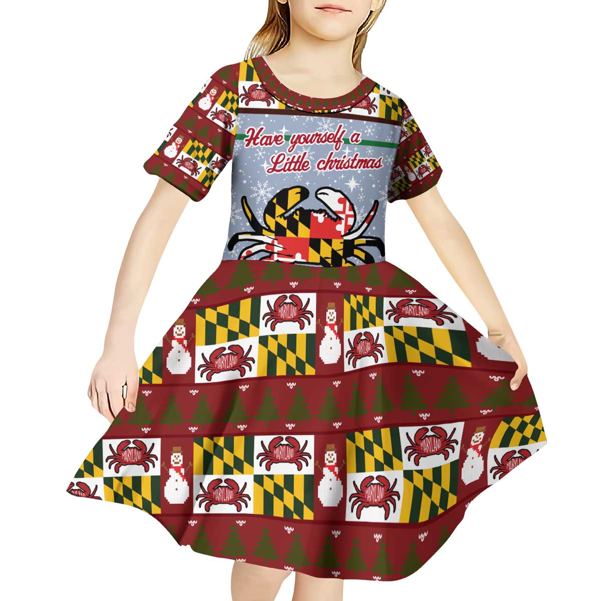 Maryland Symbols Christmas Kid Short Sleeve Dress Xmas Holiday Patterns - Wonder Print Shop