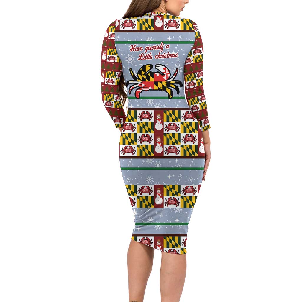 Maryland Symbols Christmas Long Sleeve Bodycon Dress Xmas Holiday Patterns - Wonder Print Shop