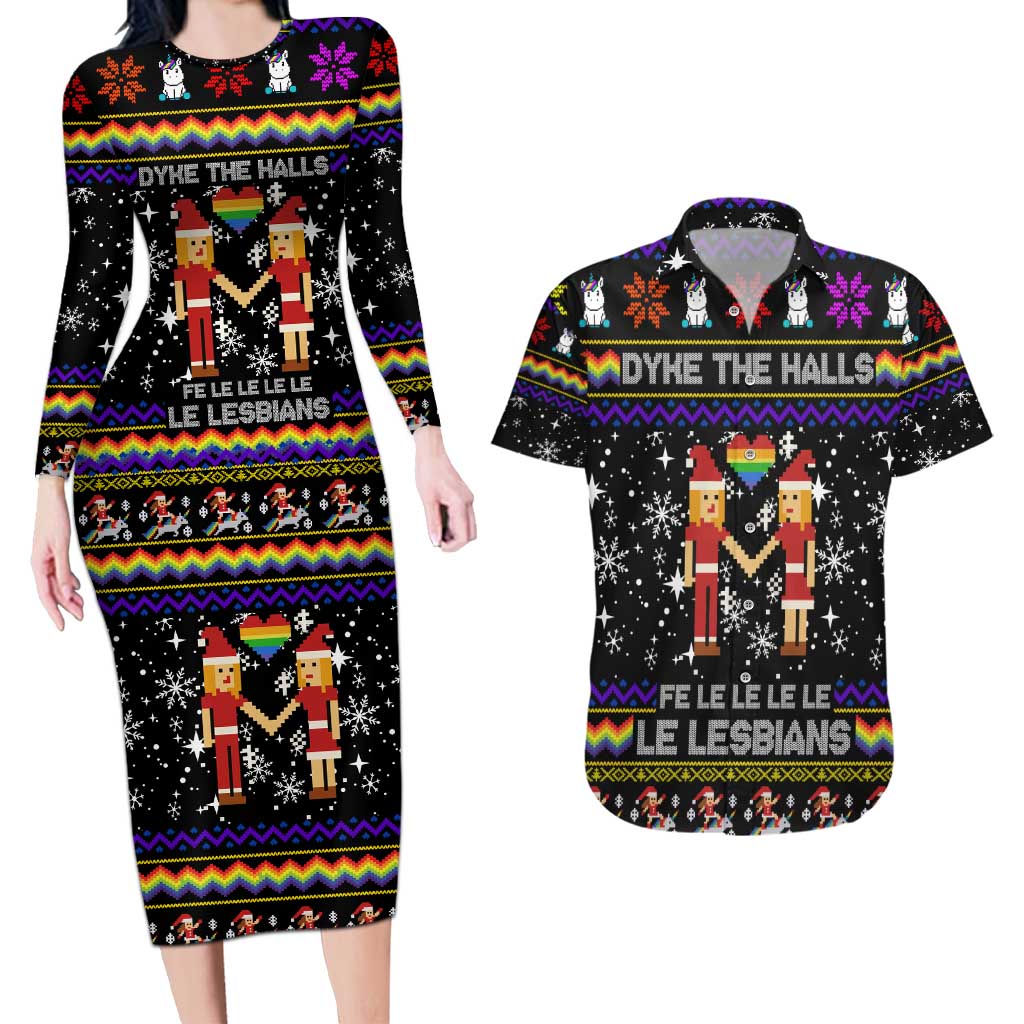 LGBT Lesbians Christmas Couples Matching Long Sleeve Bodycon Dress and Hawaiian Shirt Xmas Holiday Patterns - Wonder Print Shop