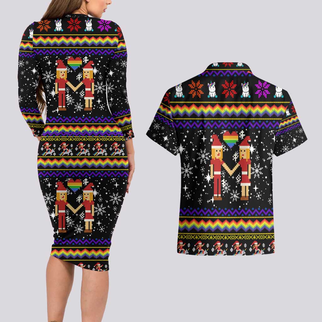 LGBT Lesbians Christmas Couples Matching Long Sleeve Bodycon Dress and Hawaiian Shirt Xmas Holiday Patterns - Wonder Print Shop