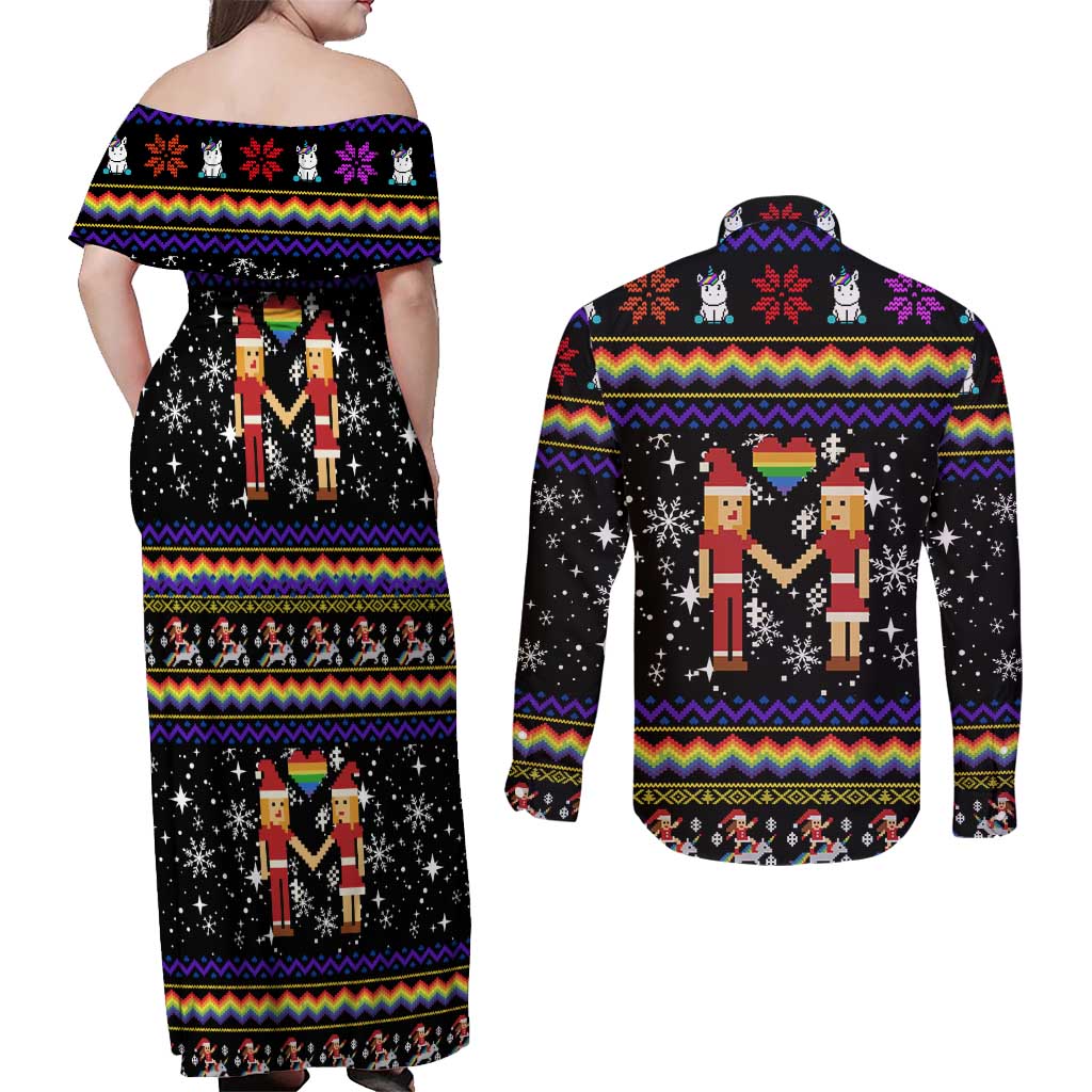 LGBT Lesbians Christmas Couples Matching Off Shoulder Maxi Dress and Long Sleeve Button Shirt Xmas Holiday Patterns - Wonder Print Shop