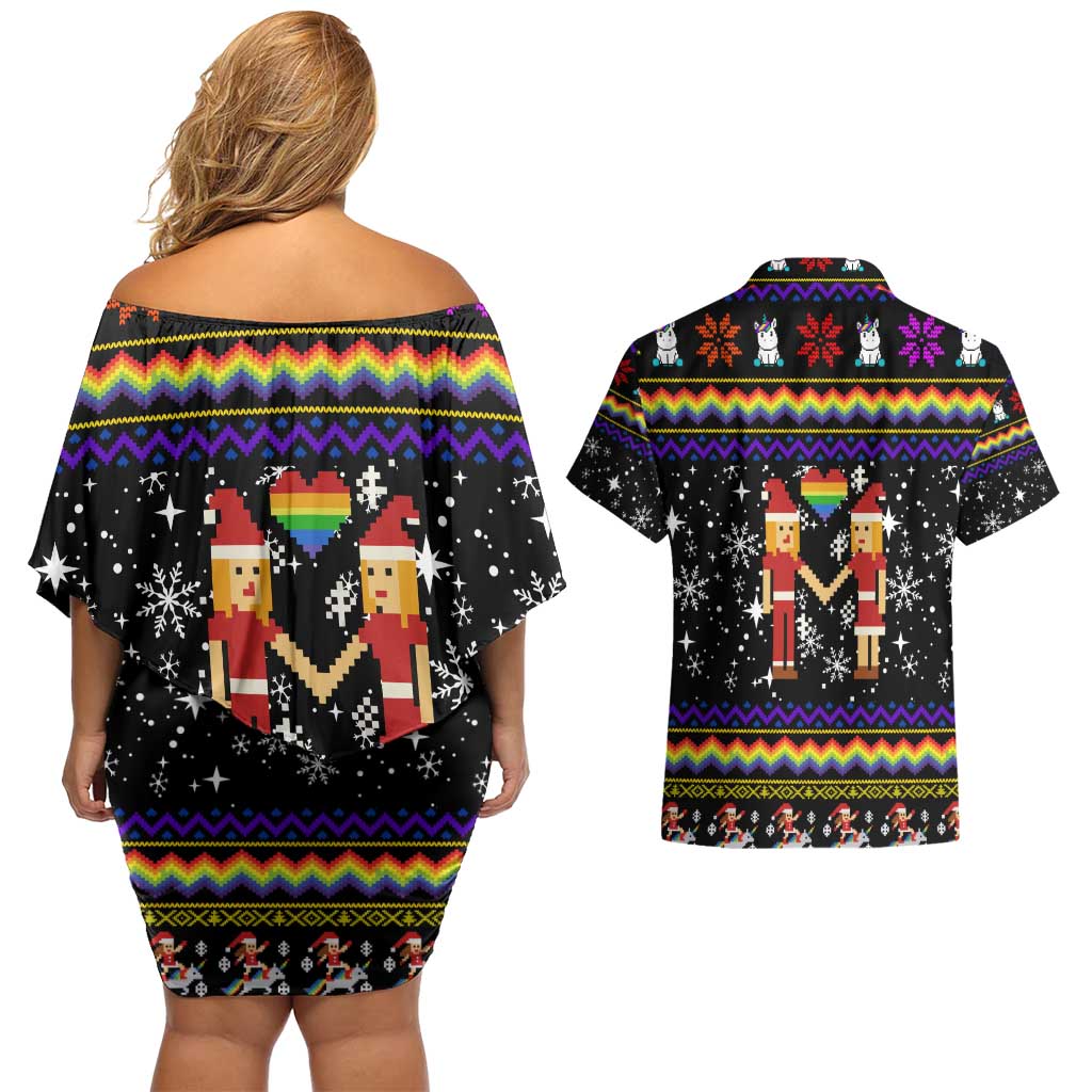 LGBT Lesbians Christmas Couples Matching Off Shoulder Short Dress and Hawaiian Shirt Xmas Holiday Patterns - Wonder Print Shop