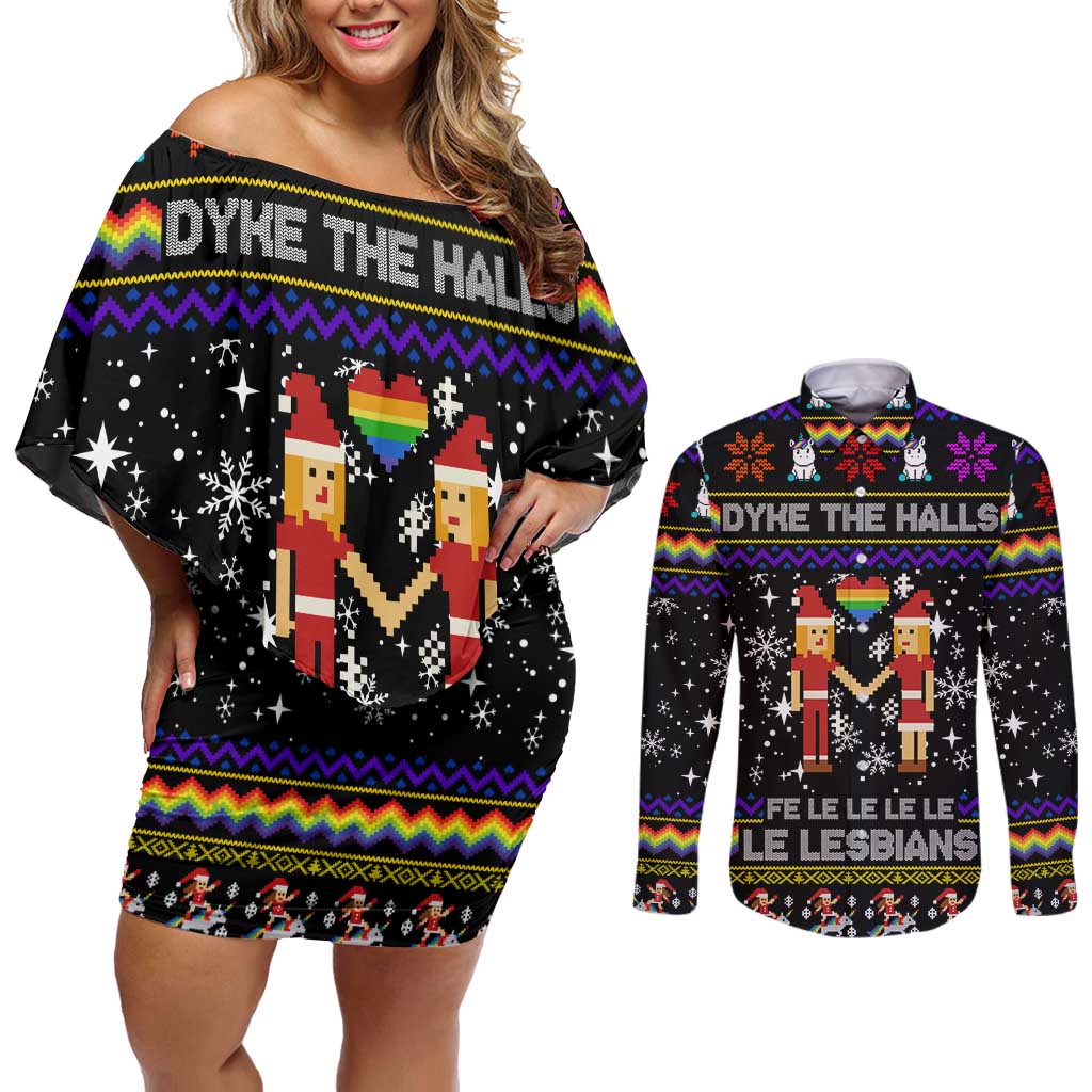LGBT Lesbians Christmas Couples Matching Off Shoulder Short Dress and Long Sleeve Button Shirt Xmas Holiday Patterns - Wonder Print Shop
