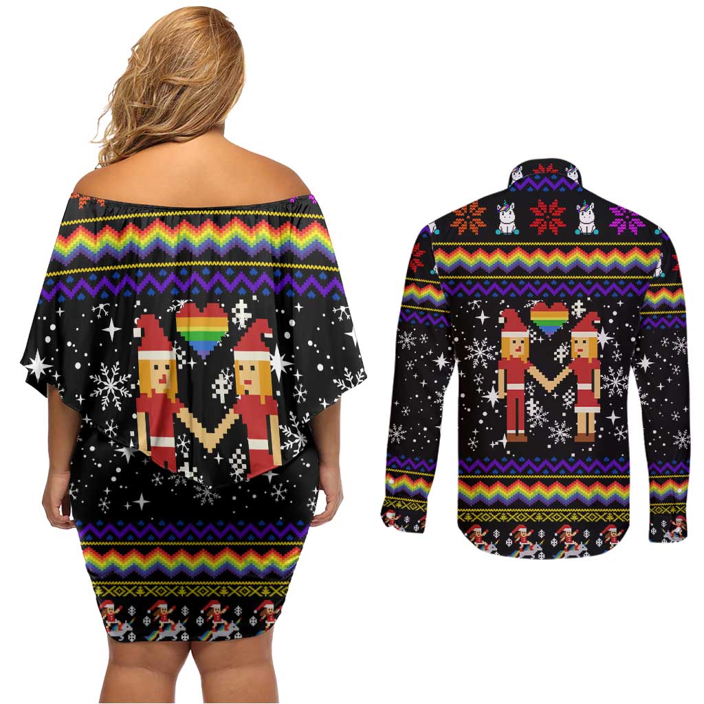 LGBT Lesbians Christmas Couples Matching Off Shoulder Short Dress and Long Sleeve Button Shirt Xmas Holiday Patterns - Wonder Print Shop