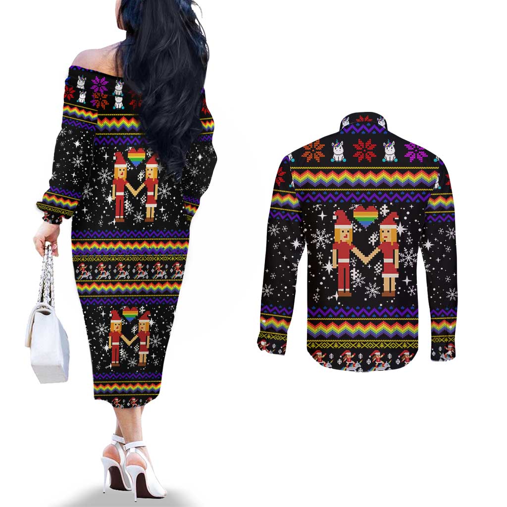 LGBT Lesbians Christmas Couples Matching Off The Shoulder Long Sleeve Dress and Long Sleeve Button Shirt Xmas Holiday Patterns - Wonder Print Shop