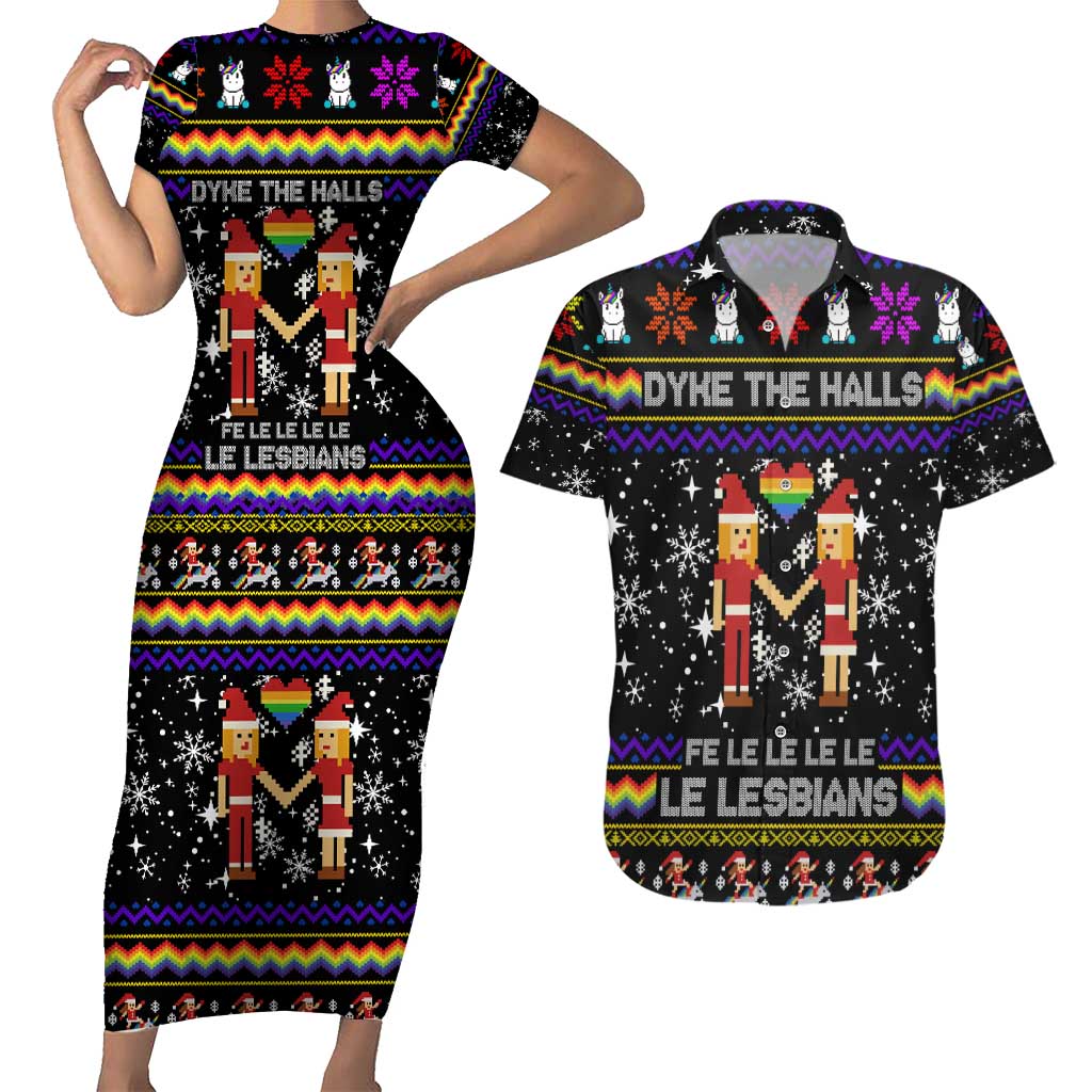 LGBT Lesbians Christmas Couples Matching Short Sleeve Bodycon Dress and Hawaiian Shirt Xmas Holiday Patterns - Wonder Print Shop