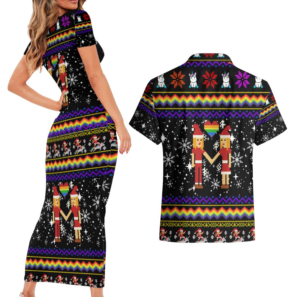 LGBT Lesbians Christmas Couples Matching Short Sleeve Bodycon Dress and Hawaiian Shirt Xmas Holiday Patterns - Wonder Print Shop