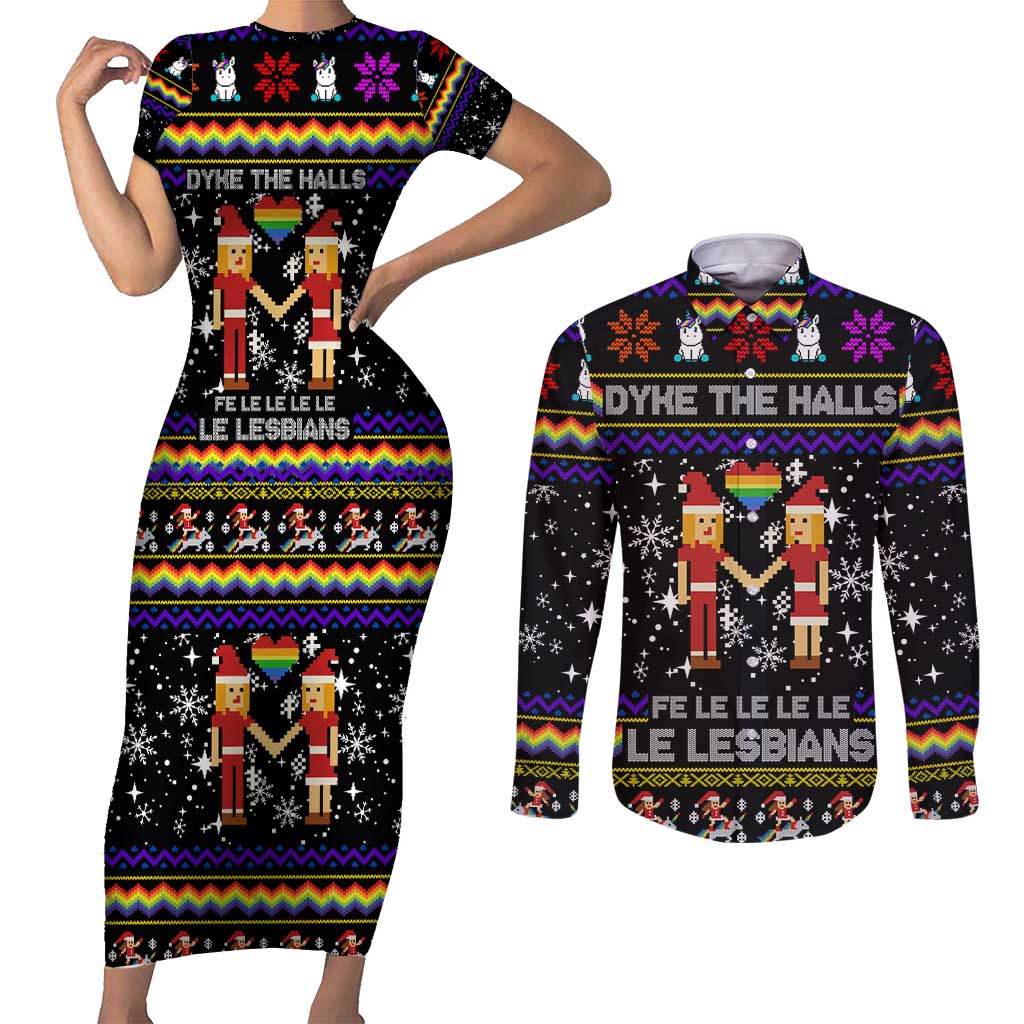 LGBT Lesbians Christmas Couples Matching Short Sleeve Bodycon Dress and Long Sleeve Button Shirt Xmas Holiday Patterns - Wonder Print Shop