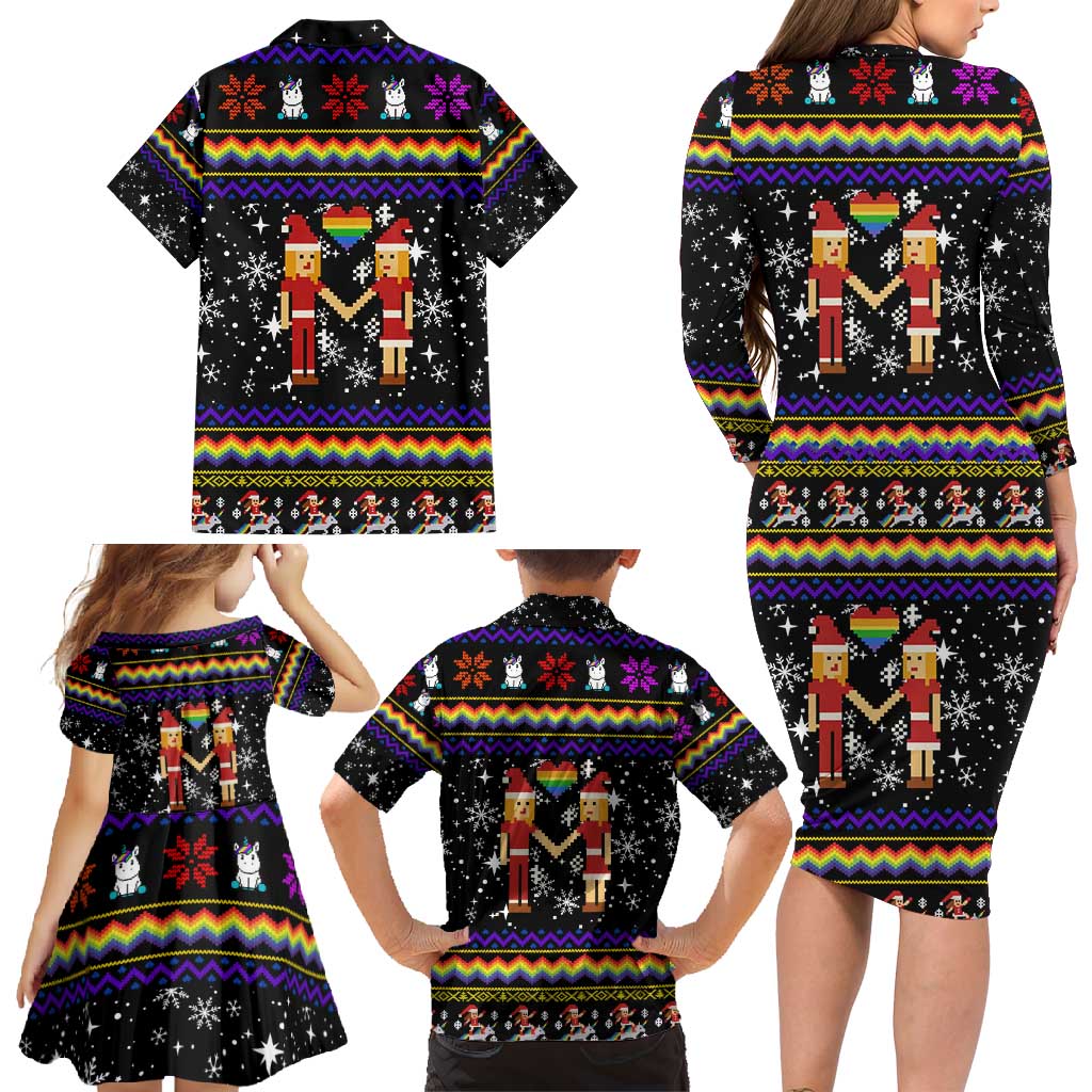 LGBT Lesbians Christmas Family Matching Long Sleeve Bodycon Dress and Hawaiian Shirt Xmas Holiday Patterns - Wonder Print Shop
